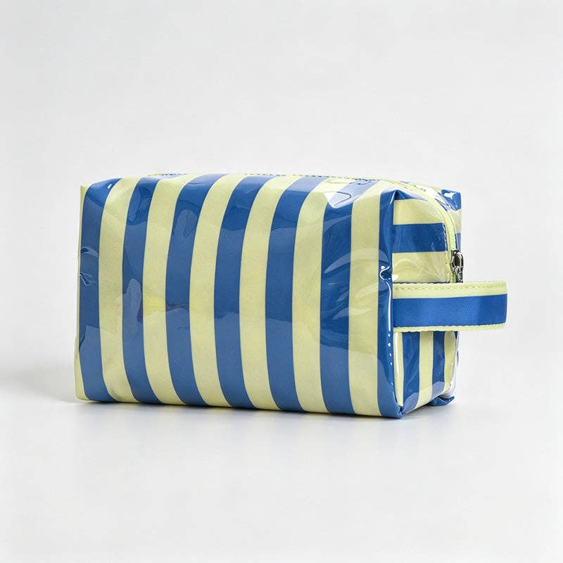Striped Print PVC Zipper Pouch: Beige Blue / F