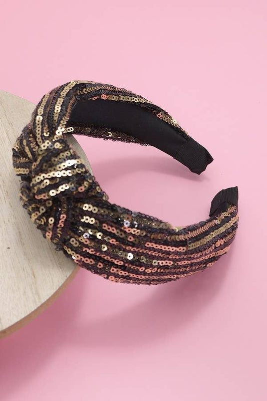 Sequin Stripe Embellished Knot Headband: Gold Black