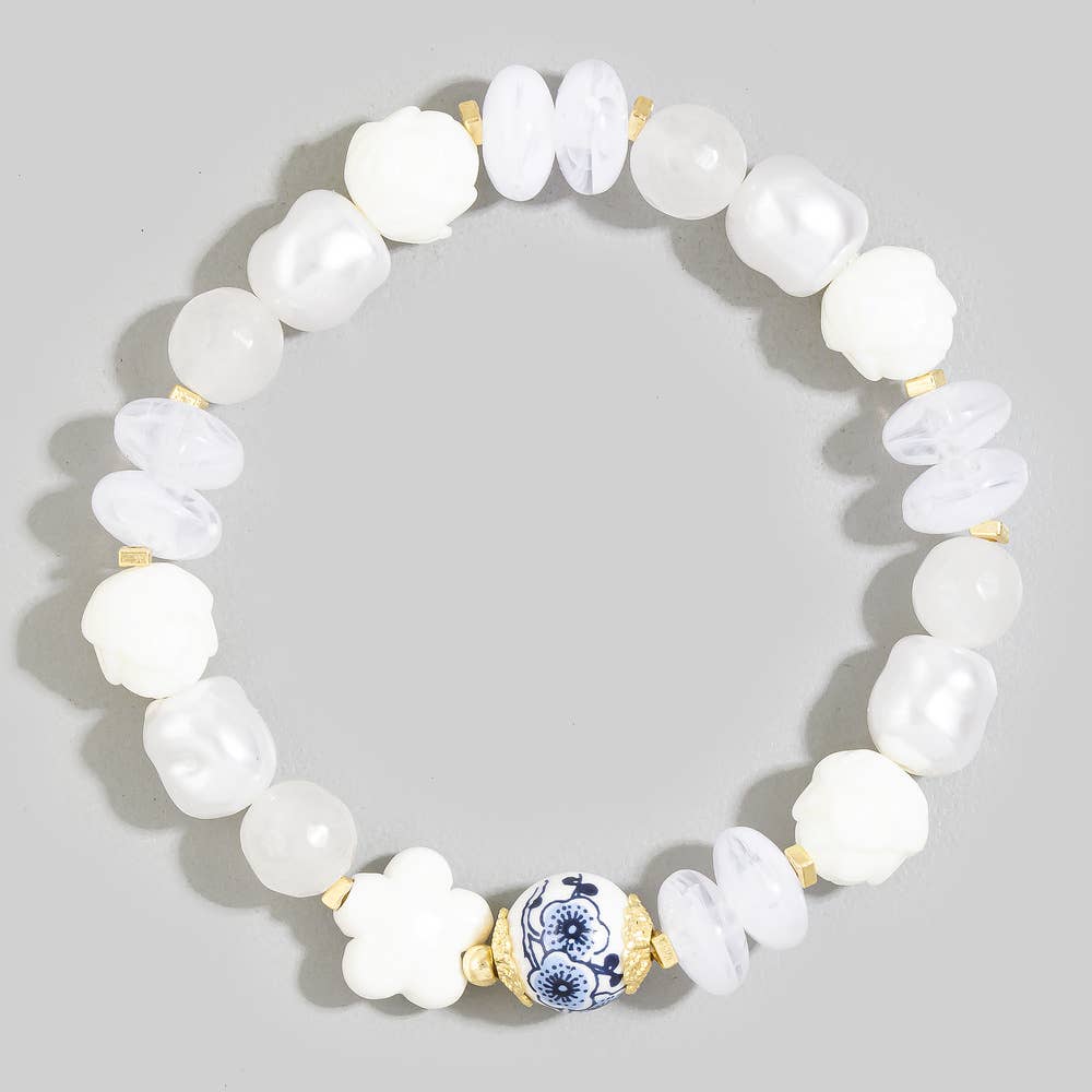 Floral Ceramic Mixed Bead Stretch Bracelet: W