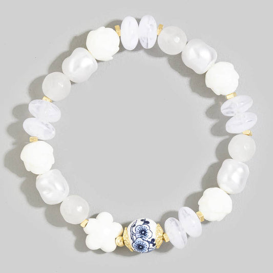 Floral Ceramic Mixed Bead Stretch Bracelet: W