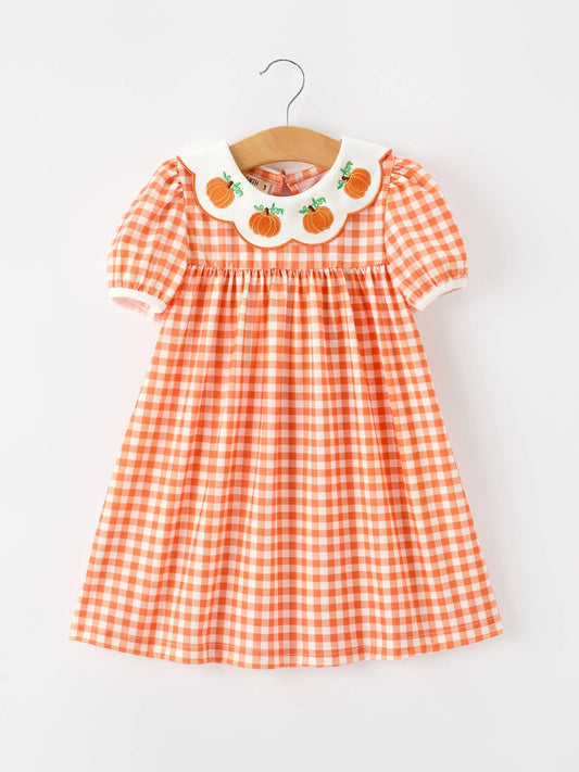 Fall Pumpkin Embroidered Puff Sleeve Girls Dress