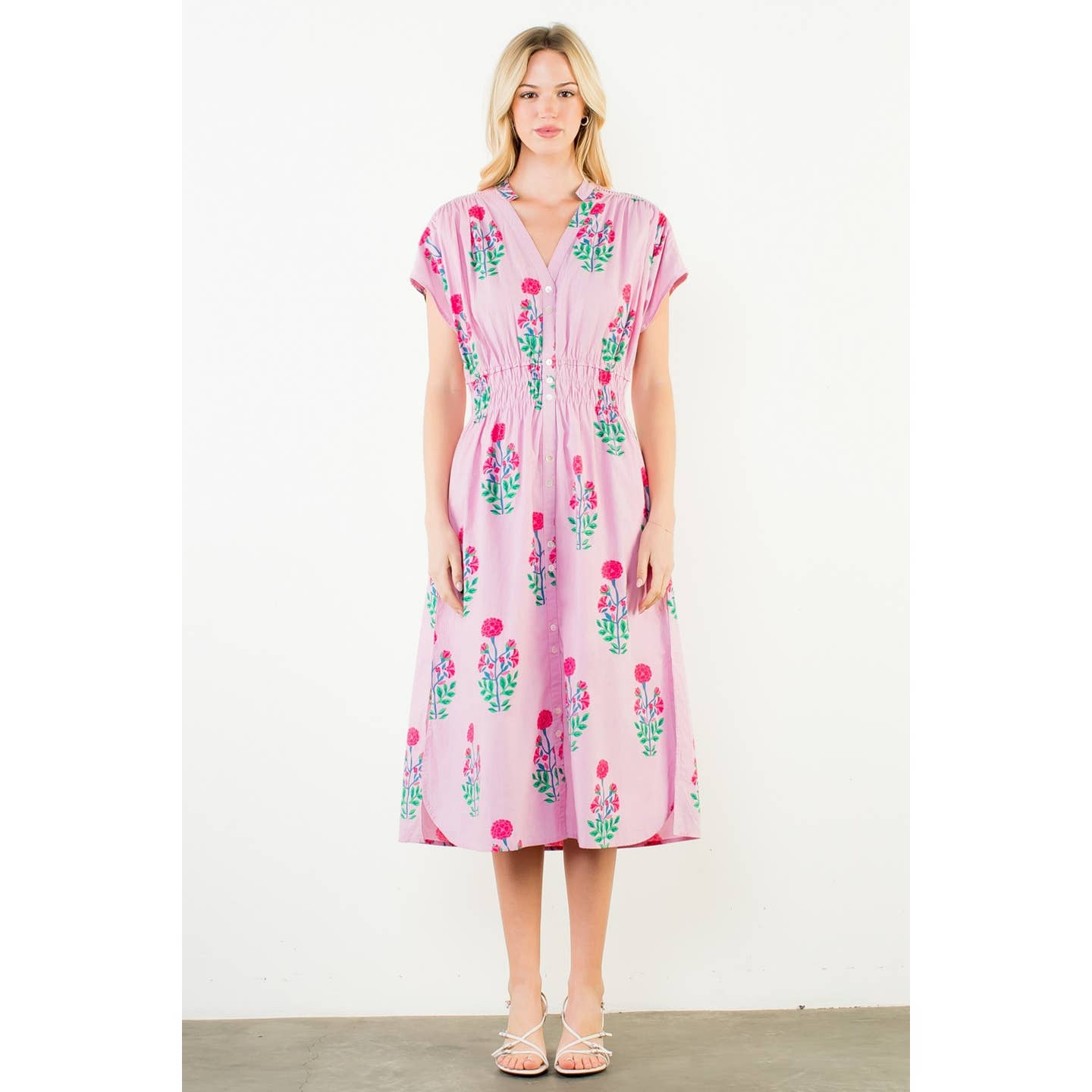 Short Sleeve Floral Print MIDI Dress in Pink