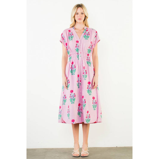 Short Sleeve Floral Print MIDI Dress in Pink