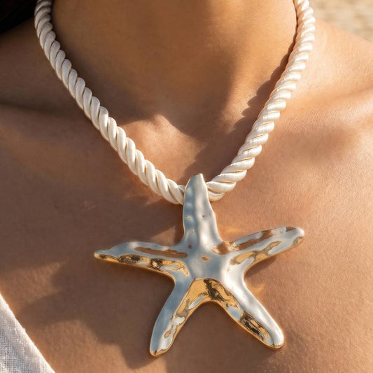 Starfish Twisted Cord Statement Necklace: GDWHT