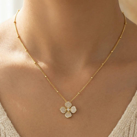 Cz Pave Flower Pendant Satellite Chain Necklace: GDCRY