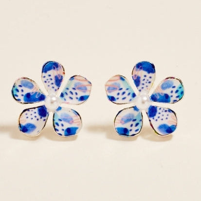 0.75 In Watercolor Flower Earrings: Silver/Blue / ONE