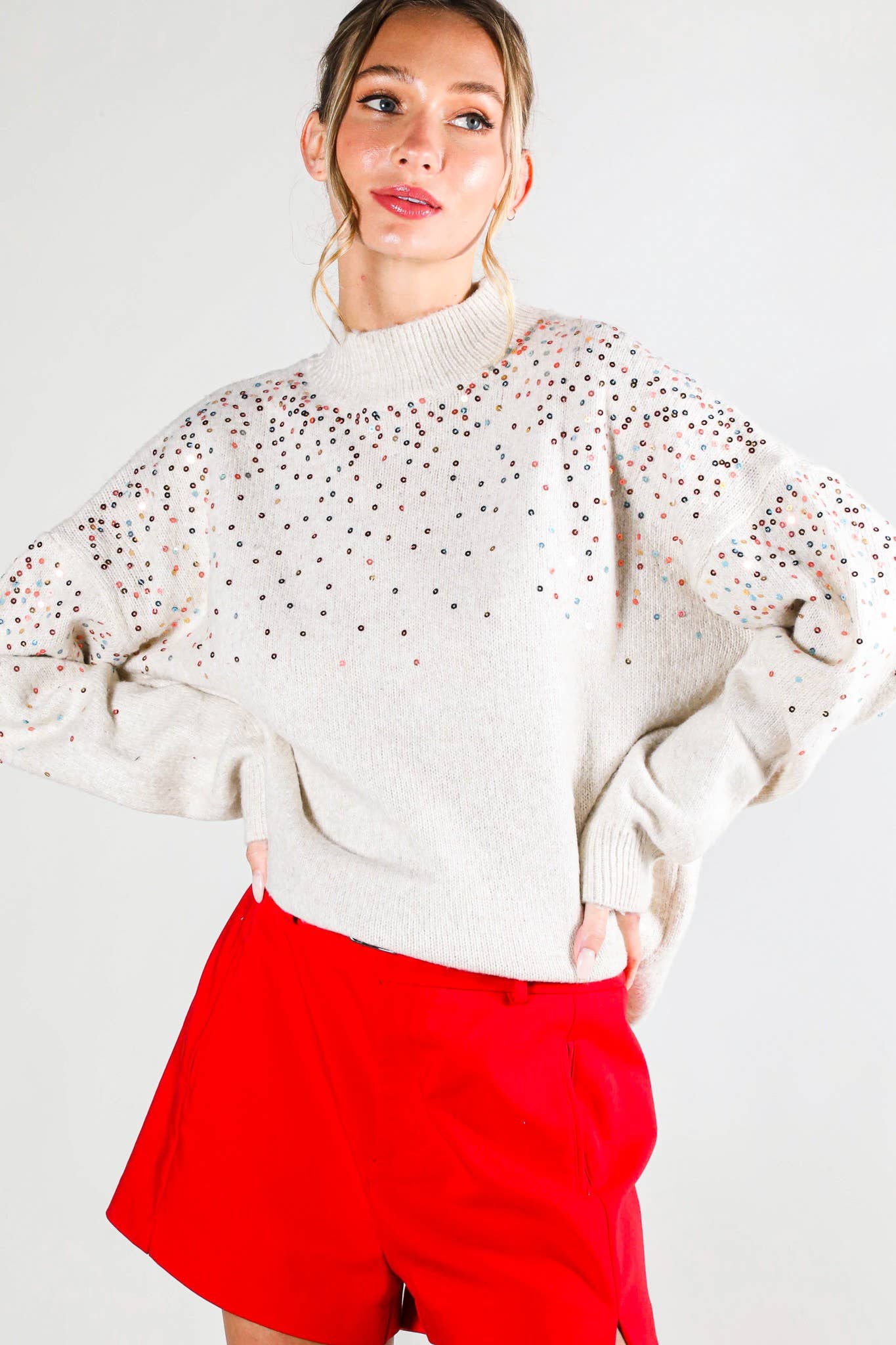 Sequin Embellishment Mock Neck Knitted Sweater in Taupe