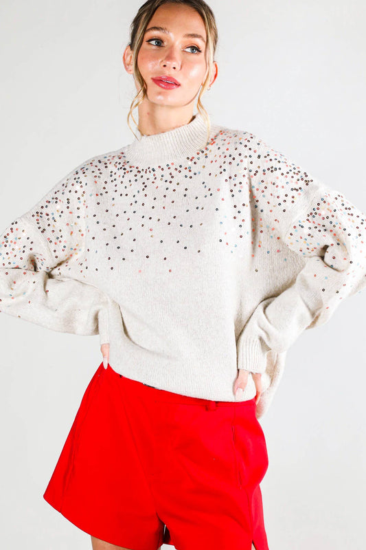 Sequin Embellishment Mock Neck Knitted Sweater in Taupe