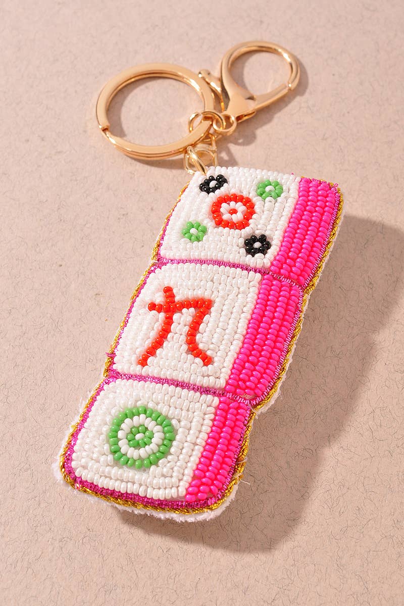 Pink Beaded Mahjong Tile Keychain: Pink