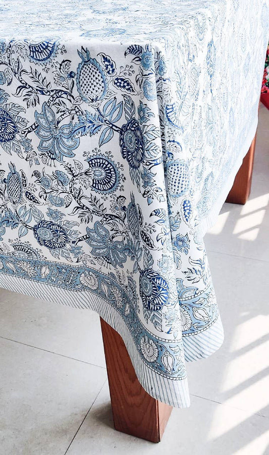 Blue Vintage Hand Block Print Cotton Canvas Tablecloth: 60 x 90