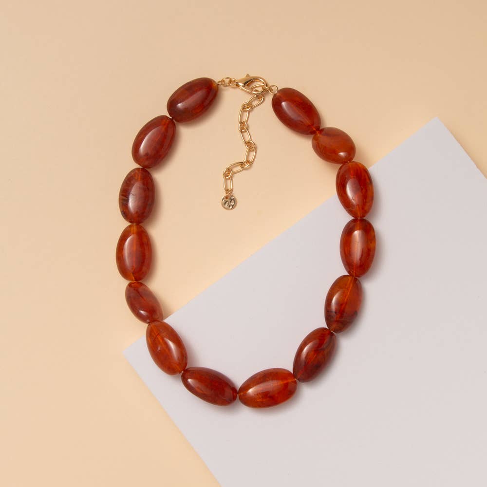 Marbled Oval Stone Bead Necklace: Red