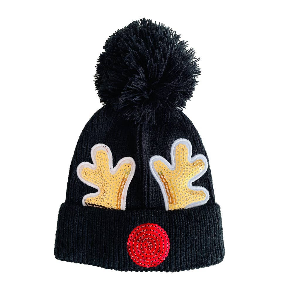 Christmas hat sequin Reindeer knitted hat winter warm beanie: Black