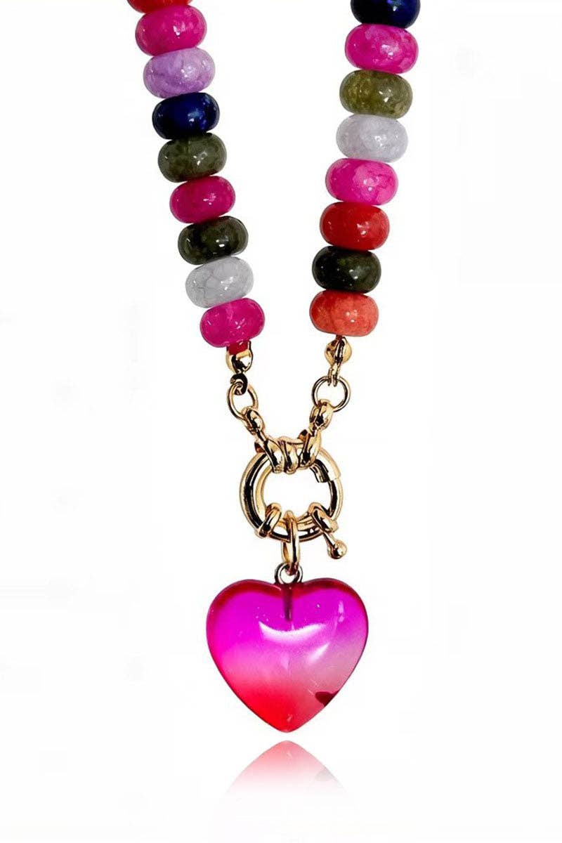 Multi-Strand Beaded Necklace with Heart Charm: PINK / One Size