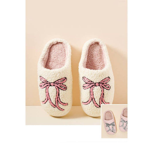 Pink Bow Fuzzy Fleece Soft Slipper: IVORY