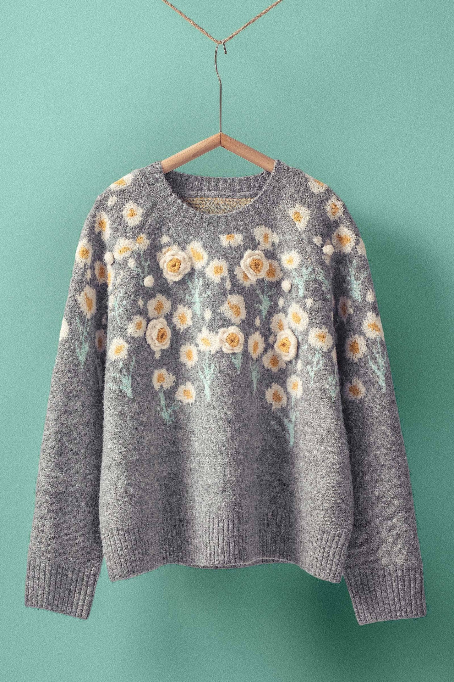 Daisy Embossed 3D Floral Knit Sweater: Grey