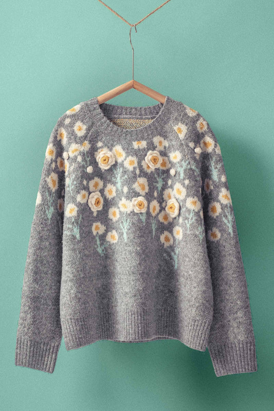 Daisy Embossed 3D Floral Knit Sweater: Grey