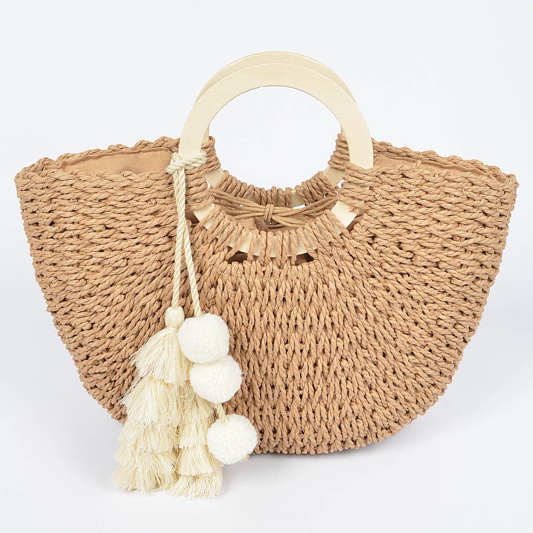 Woven Cotton Wood Handle Tote Bag: KHAKI