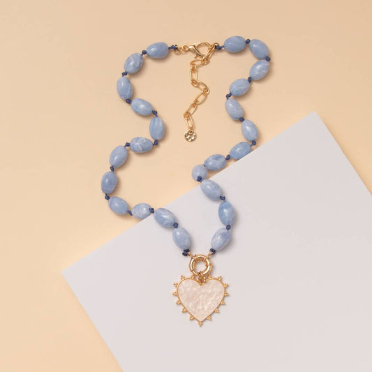 Pearlescent Heart Pendant Marbled Bead Necklace: Light Blue
