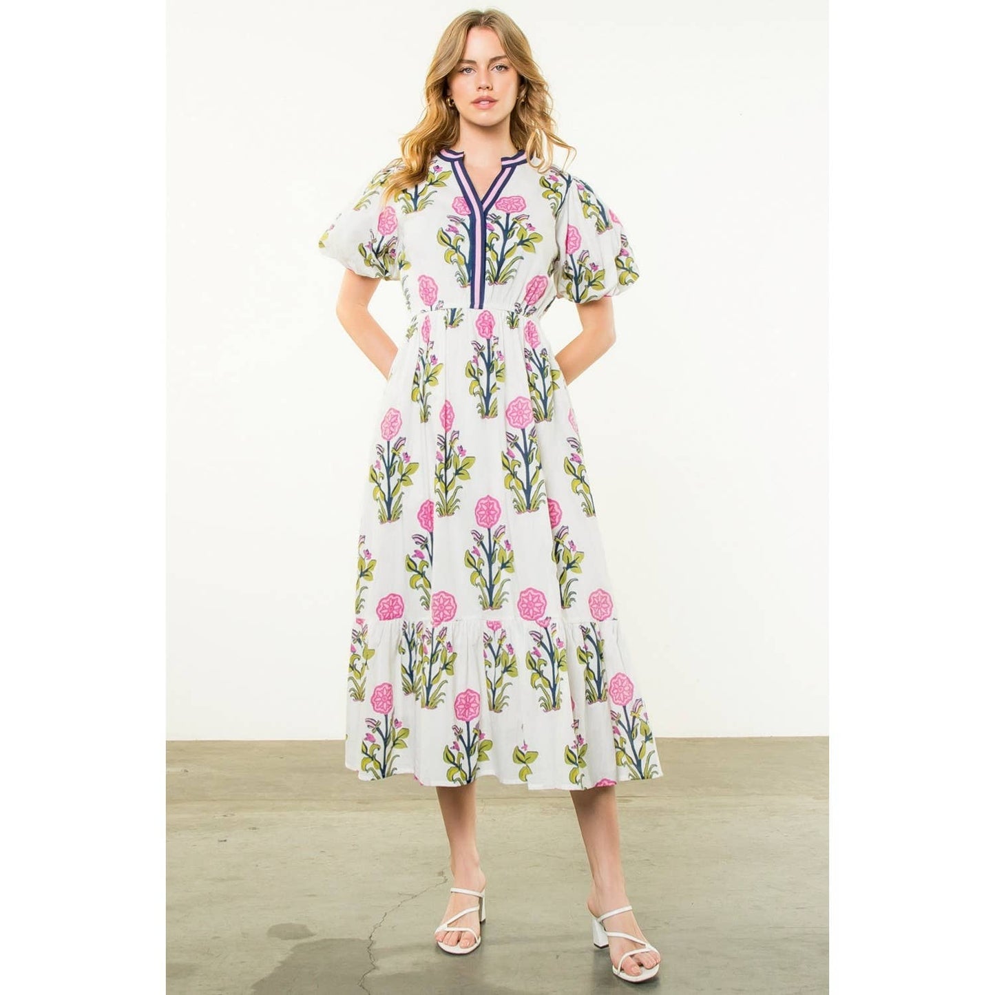 Contrast Trim Puff Sleeve Maxi Dress: White