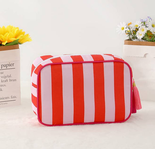 Color-Blocked Striped Cosmetic Bag Tassel Zipper Makeup Bag: Red / M