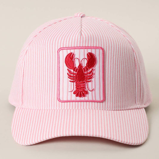 Lobster Embroidered Patch Seersucker Trucker Hat: PINK / ONE SIZE