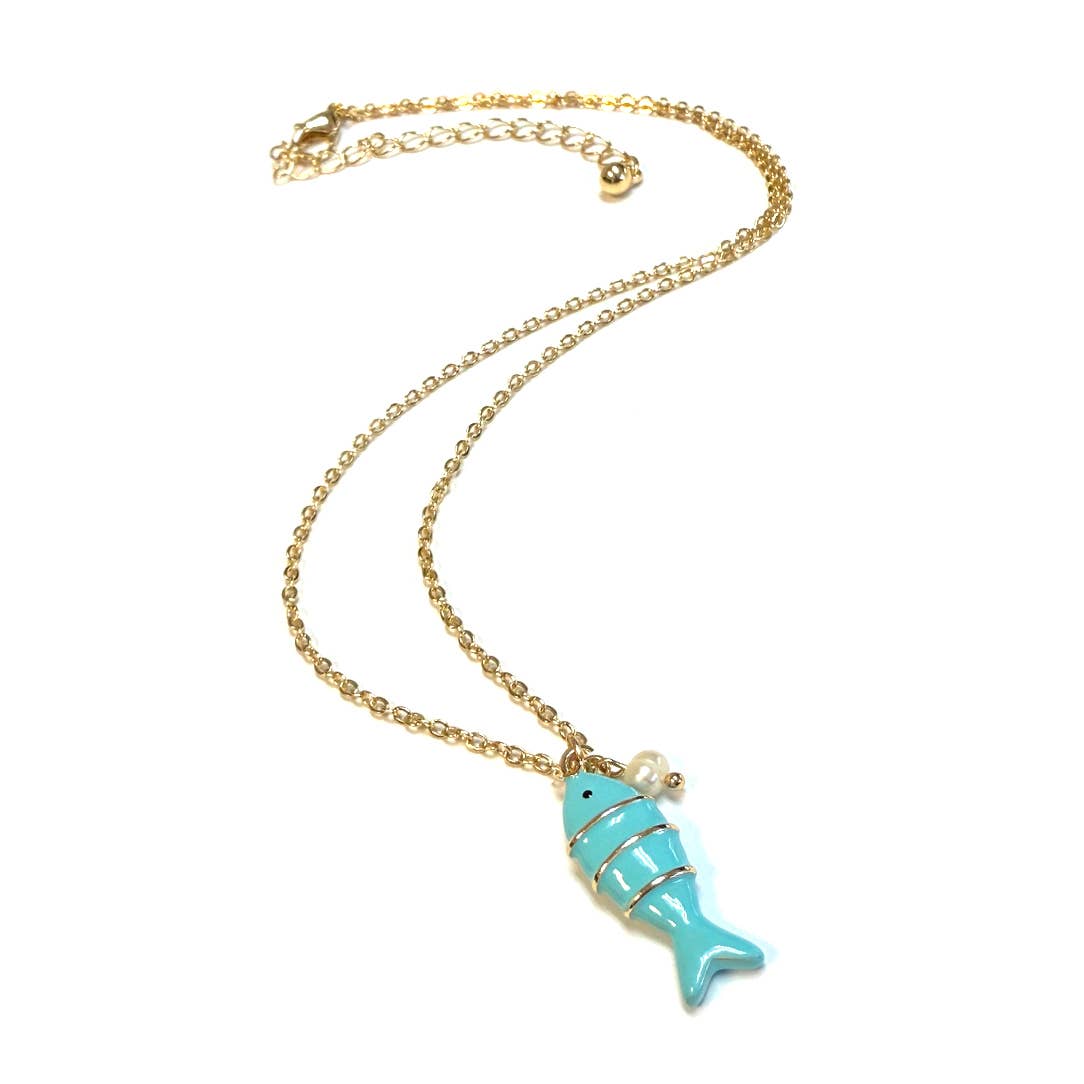 Color Enamel Boho Dainty Fish Pendant Necklace for Women: Turquoise