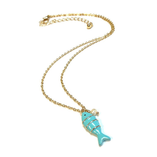 Color Enamel Boho Dainty Fish Pendant Necklace for Women: Turquoise
