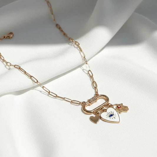 Evil Eye Hamsa Heart Charm Dangle Paper Clip Chain Necklace: White