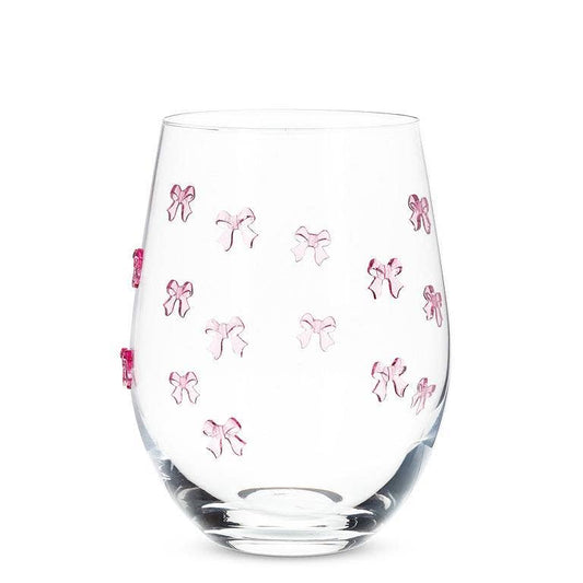 Stemless Wine Glass with Pink Bows