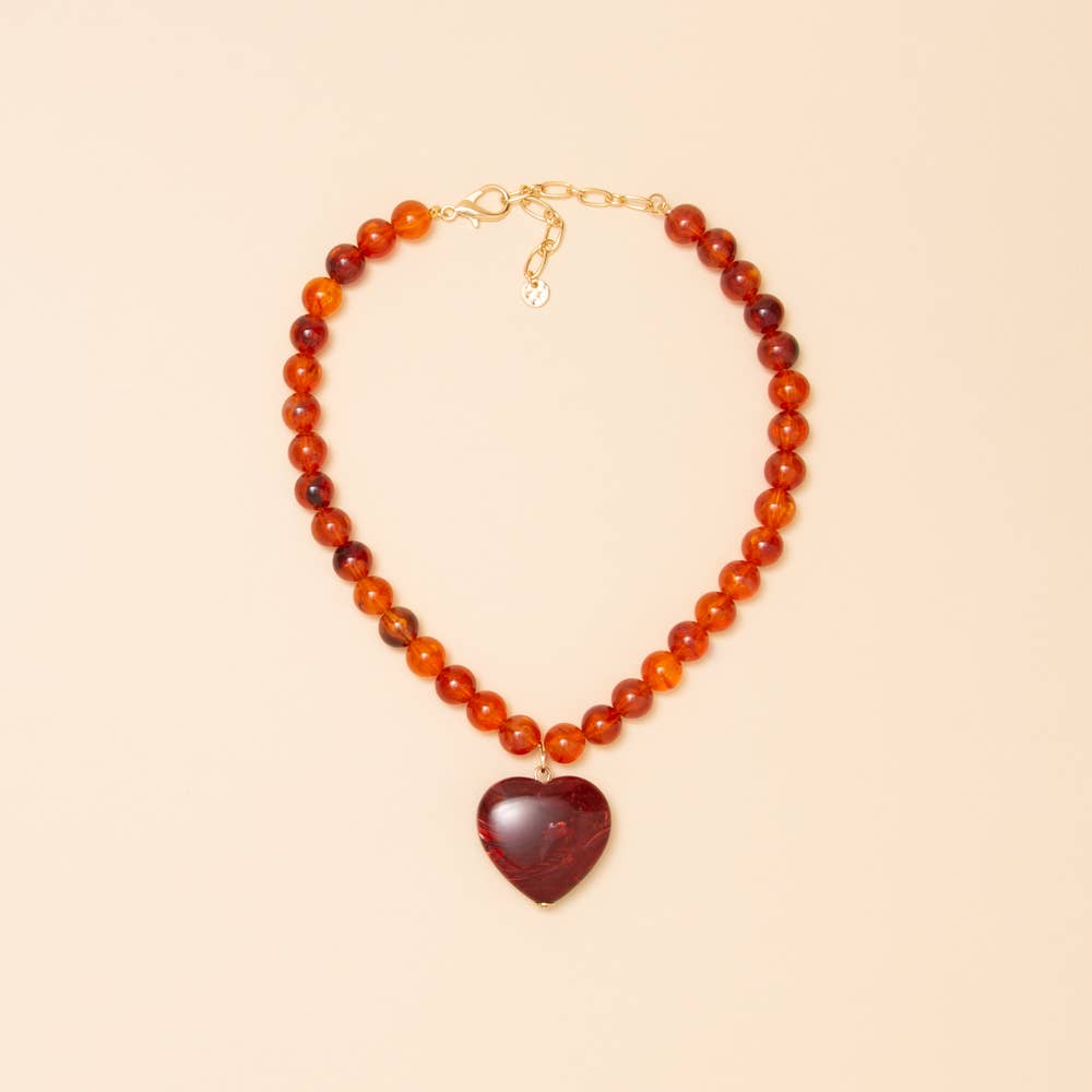Heart Stone Beaded Necklace: Wine