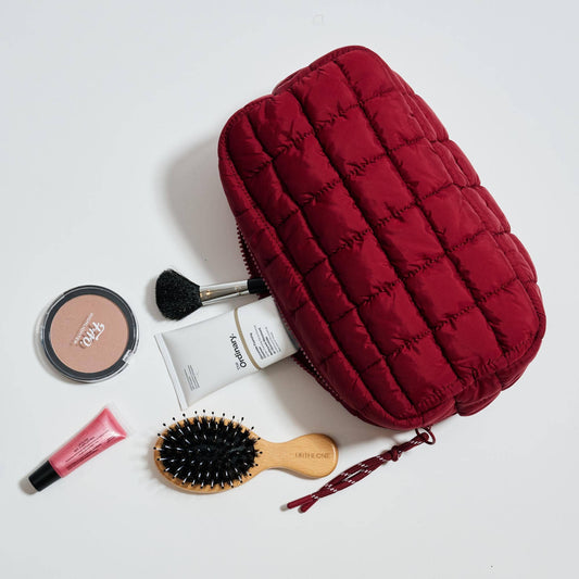 Cloud Nine - Quilted Puffer Nylon Cosmetic Pouch: Burgundy