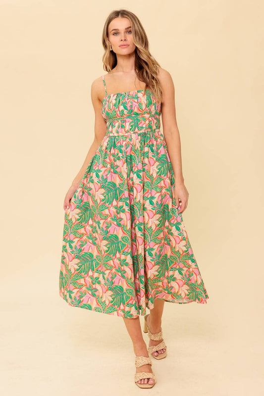 A Printed Woven Midi Dress: Pink Green / Contemporary