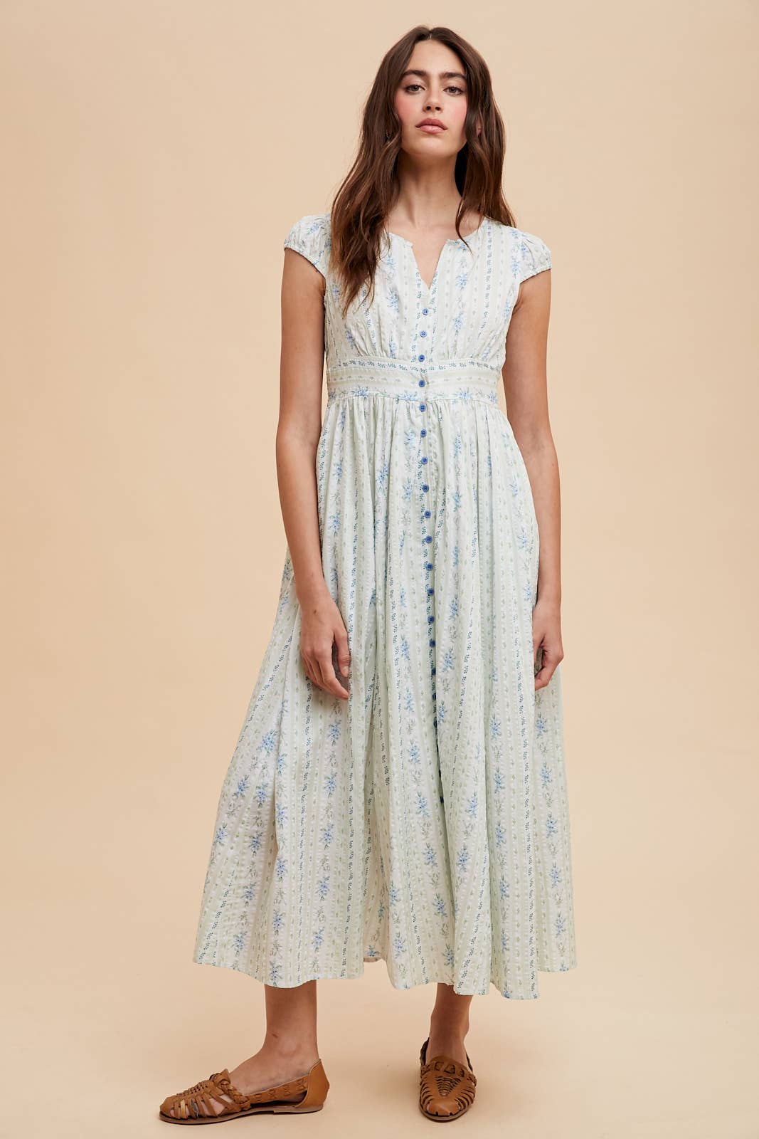 Cotton Floral Button Down Maxi Dress: French Blue
