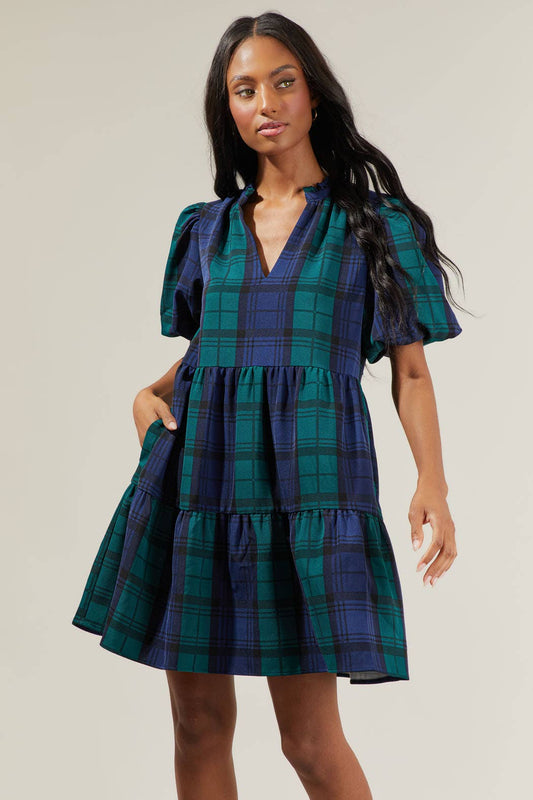 Hudson Plaid Jacey Babydoll Eyelet Mini Dress: Navy Green Multi