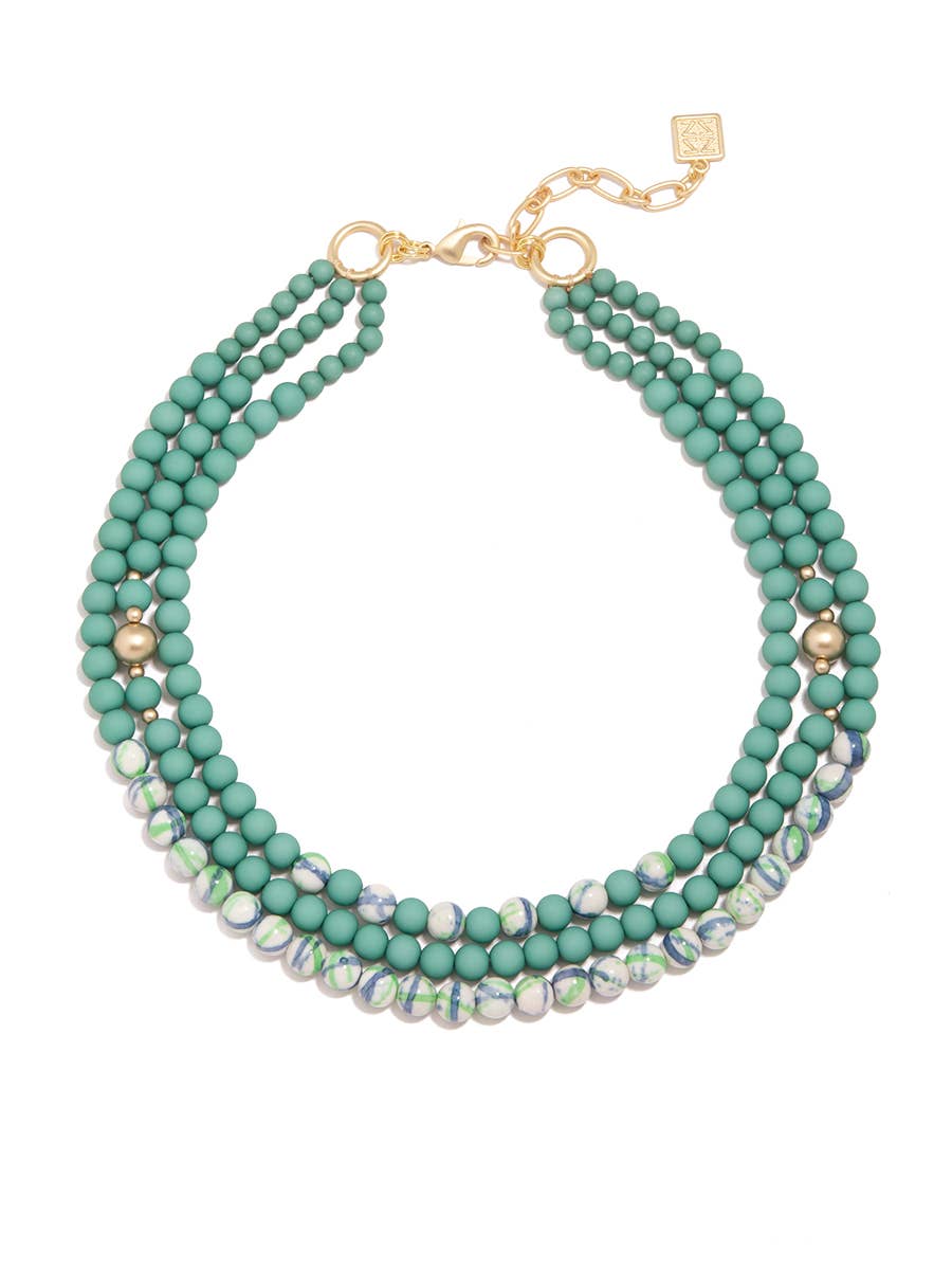 Porcelain & Resin Beaded Layered Necklace: Deep Green