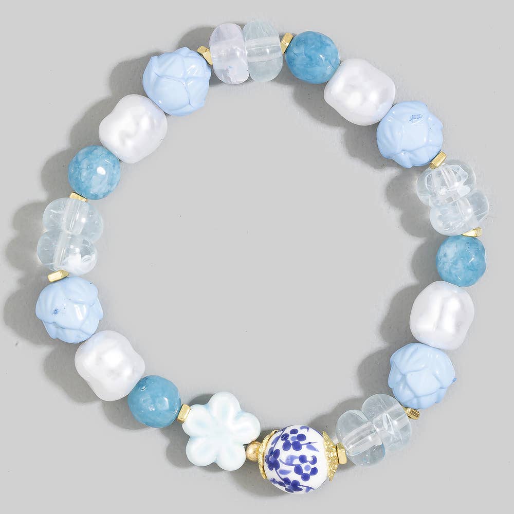 Floral Ceramic Mixed Bead Stretch Bracelet: BL