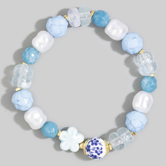 Floral Ceramic Mixed Bead Stretch Bracelet: BL