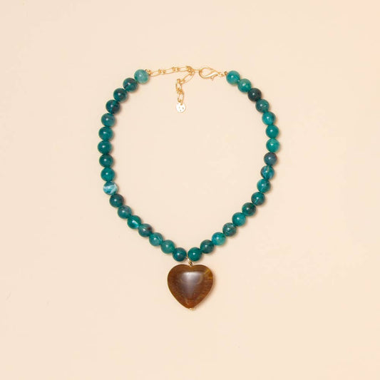 Heart Stone Beaded Necklace: Dark Brown