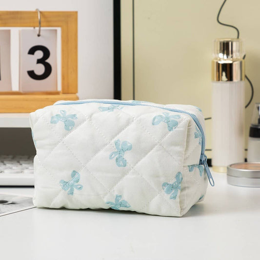Quilted Cotton Checker Bow Cosmetic Pouch Bag | Bow Blue