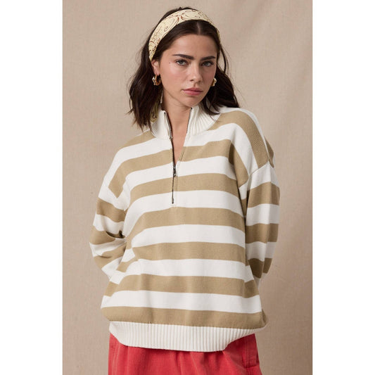 Striped Half-Zip Sweater / Taupe/White