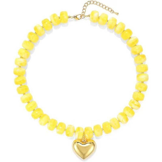 Colorful Resin Bead Necklace with Gold Heart-Shaped Pendant: Color_12 / M