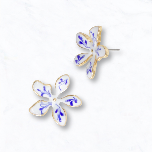 Enamel Flower Stud Earrings: Gold/Blue