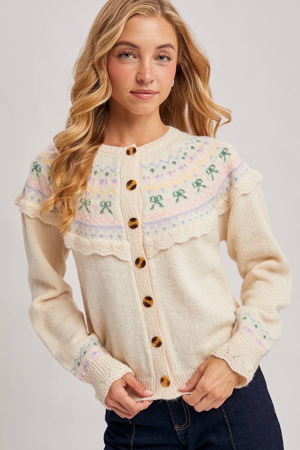 Button Front Fair Isle Knit Sweater Top: Vanilla