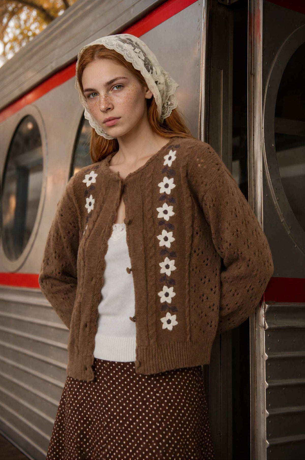 Floral Embroidery Crochet Knit Detail Cardigan: Light Mocha
