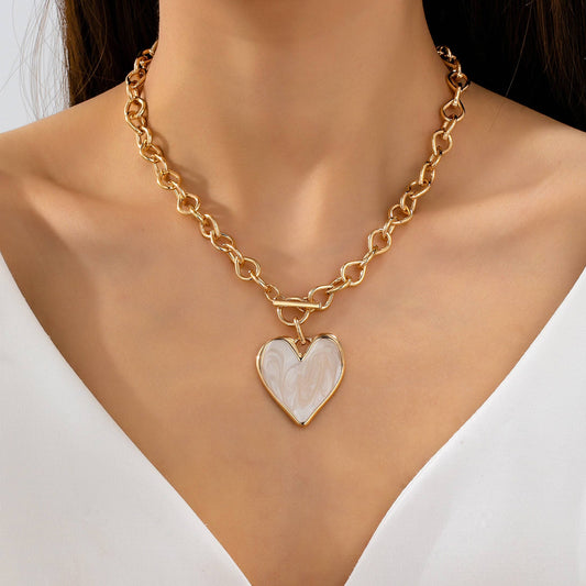 White Inlay Heart Toggle Necklace | Gold