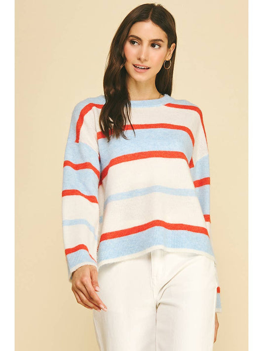 Striped Crew Neck Knit Sweater in Light Blue Multi