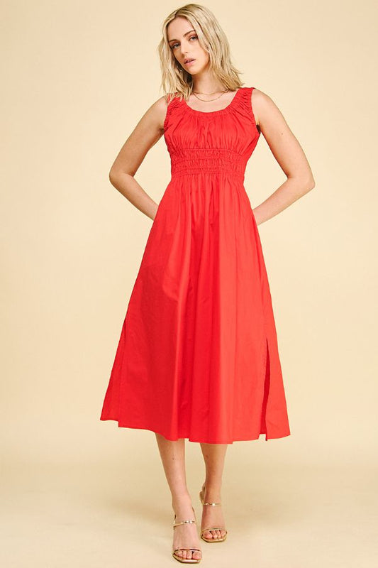 Poplin A-Line MIDI Dress in Red