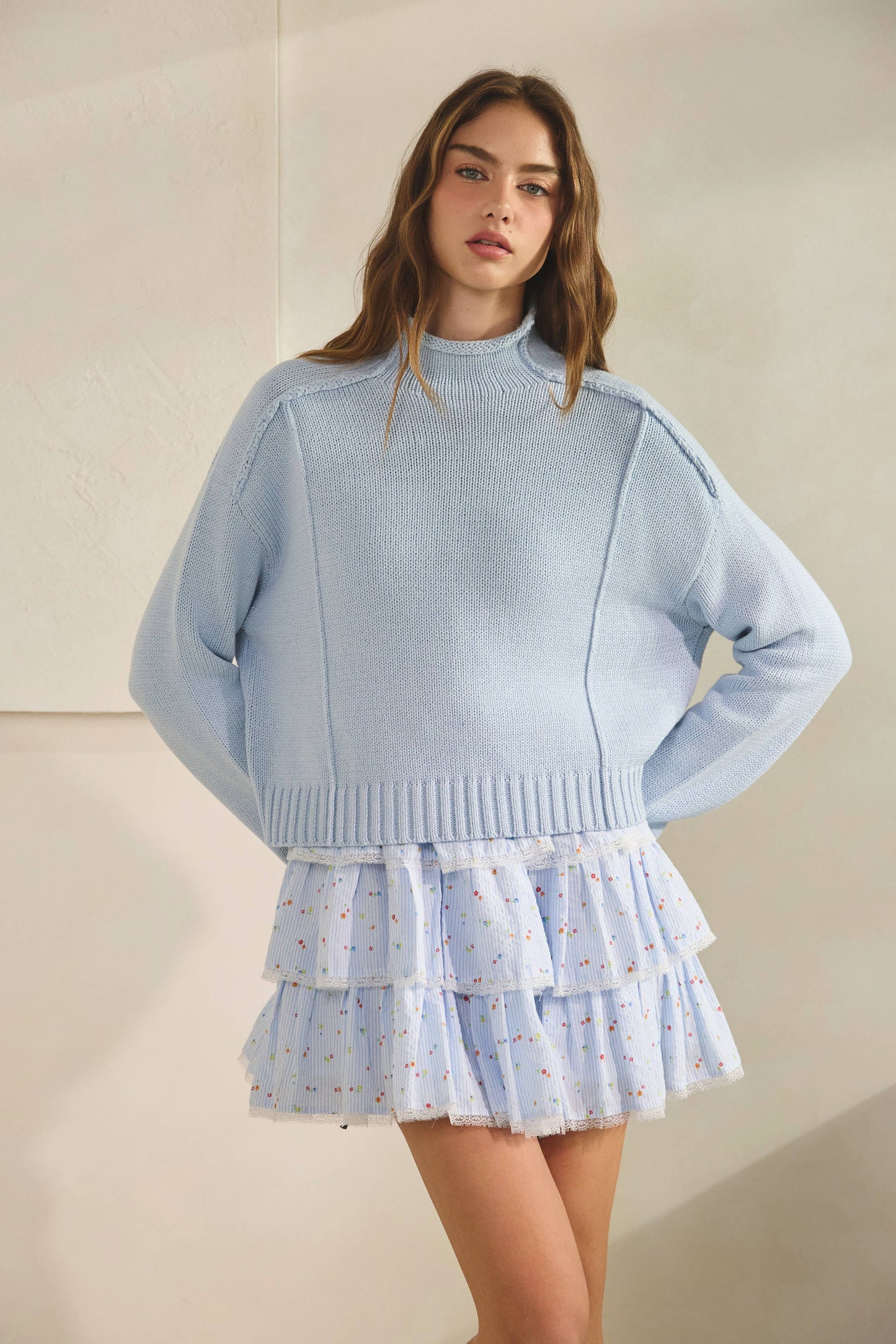 Essential Mock Neck Knit Sweater-Baby Blue: Baby Blue