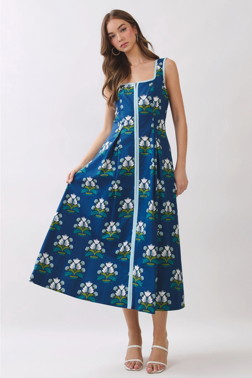Floral Border Trim Square Neck Midi Dress in Navy