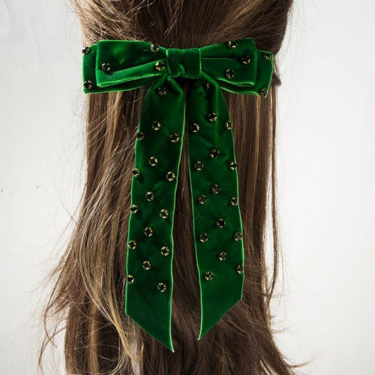 Pretty Rhinestone Stud Bow Ribbon Hair Clips | Green